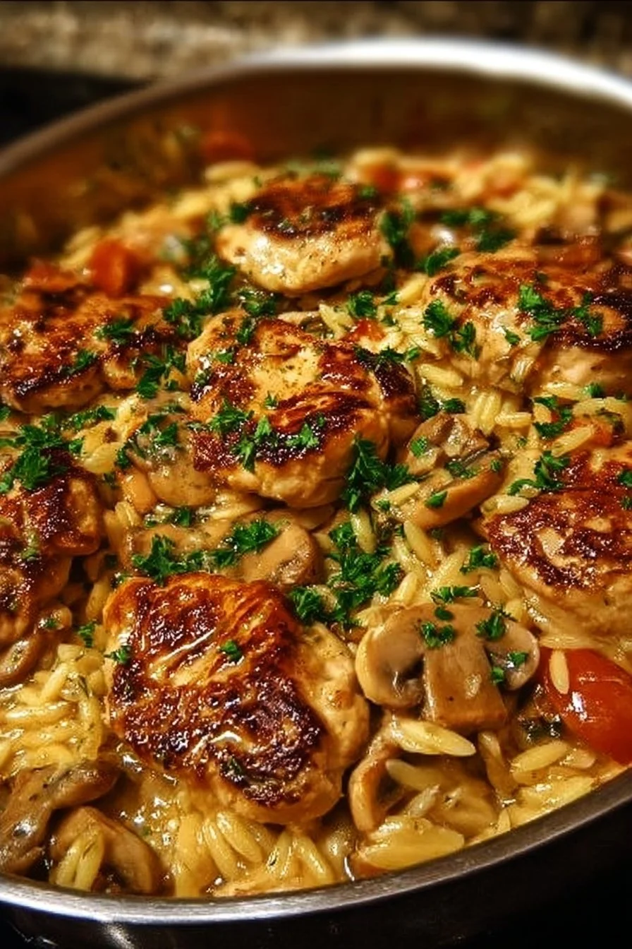 Marsala Chicken Orzo 2 Plate of Marsala Chicken Orzo garnished with herbs