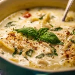Delicious bowl of white lasagna soup topped with herbs and cheese