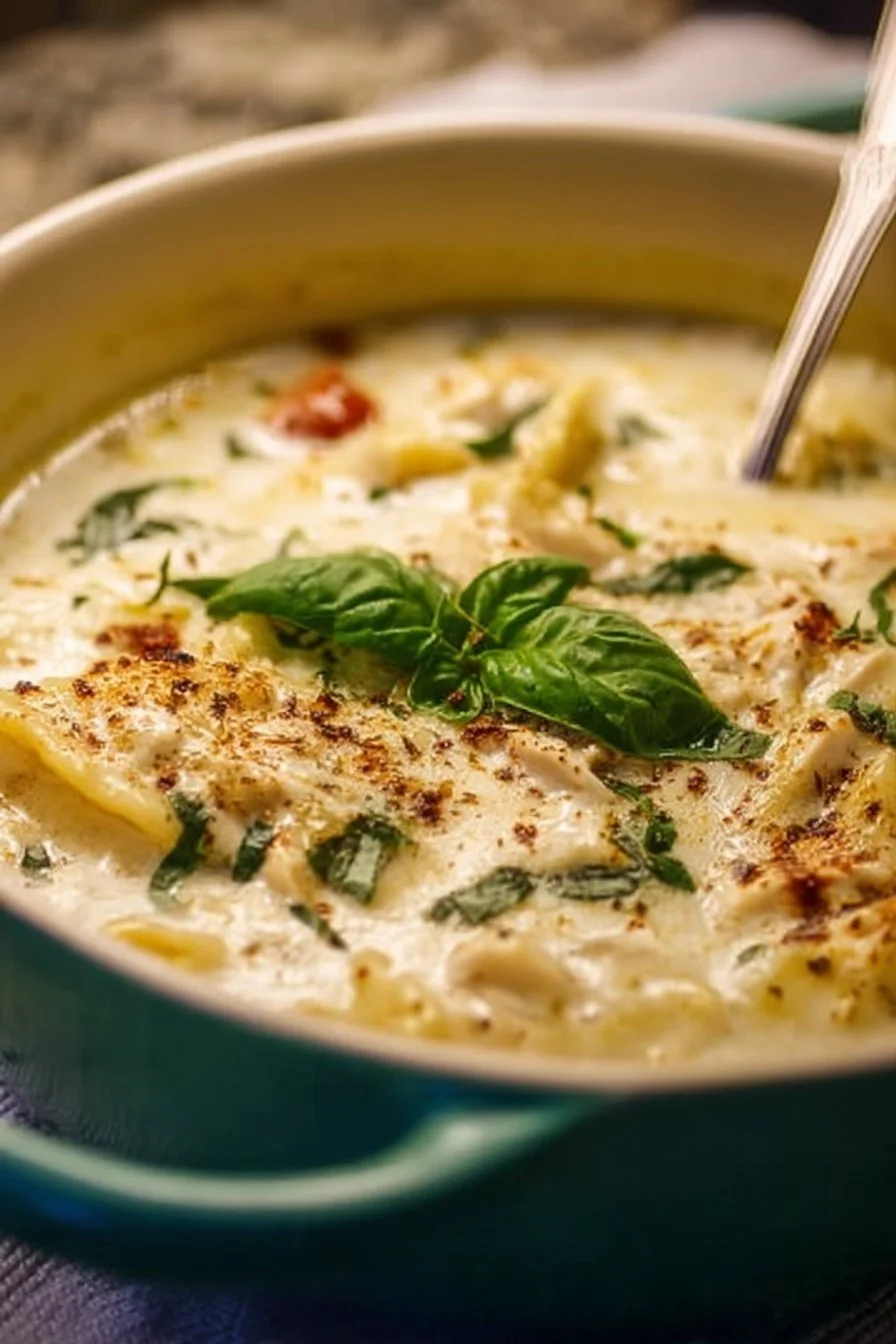 Mouthwatering White Lasagna Soup 2 Delicious bowl of white lasagna soup topped with herbs and cheese