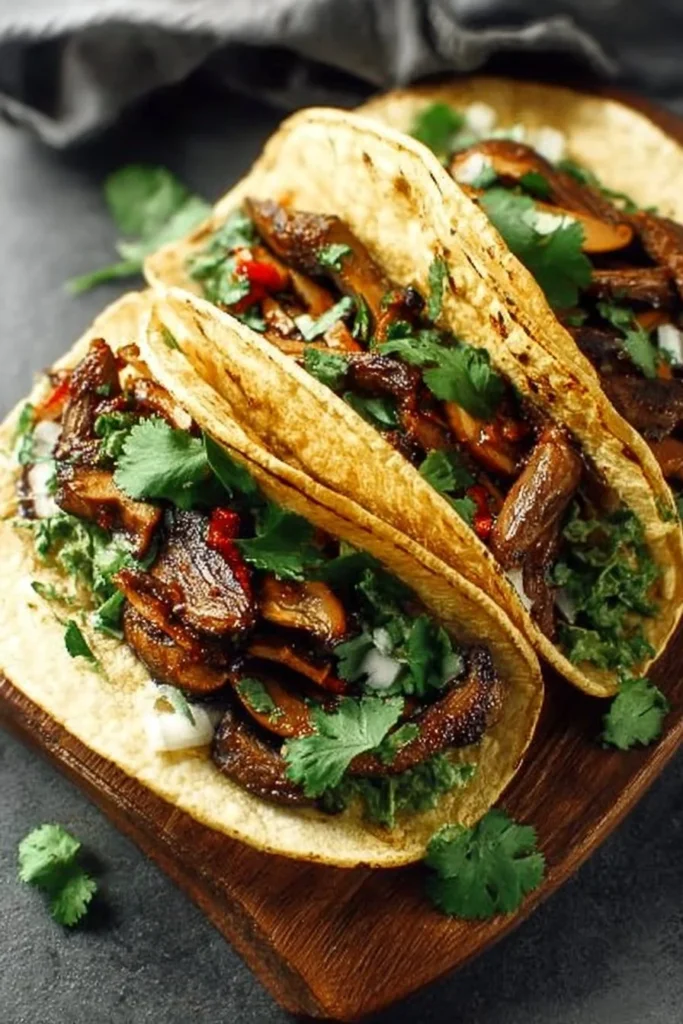 Delicious mushroom tacos topped with fresh vegetables and sauces.