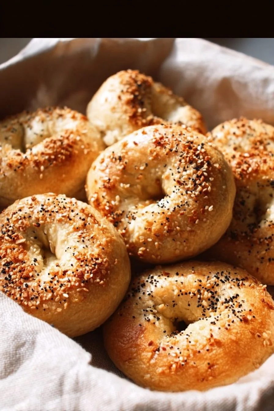 No Rise Greek Yogurt Bagels 2 A golden brown no-rise Greek yogurt bagel with cream cheese on a wooden board.