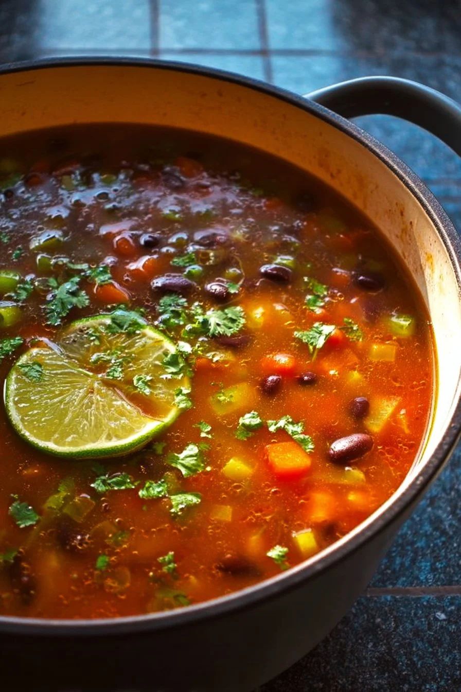 A hearty bowl of one-pot Dutch oven soup with fresh vegetables and herbs.
