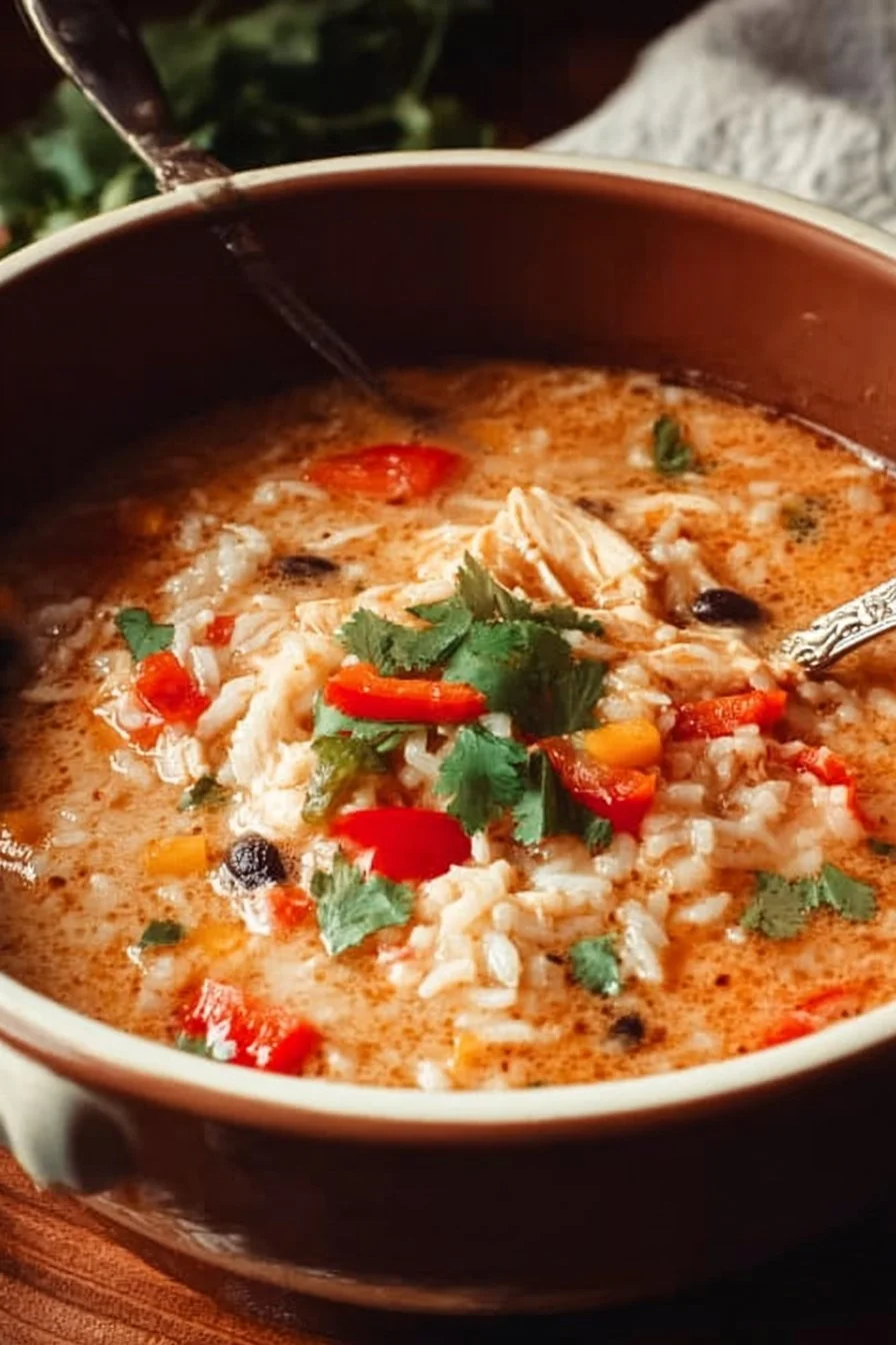 One Pot Pepper Jack Chicken Fajita and Rice Soup 2 One Pot Pepper Jack Chicken Fajita Soup with chicken, rice, and peppers in a bowl
