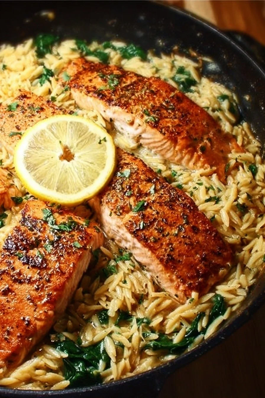 One Skillet Salmon served with Lemon Orzo on a plate