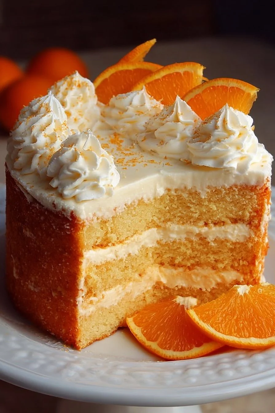 Delicious Orange Creamsicle Cake with vibrant orange frosting and creamy texture.