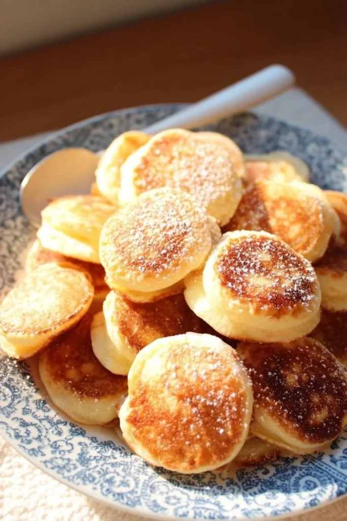 Delicious poffertjes, traditional Dutch mini pancakes served with powdered sugar.