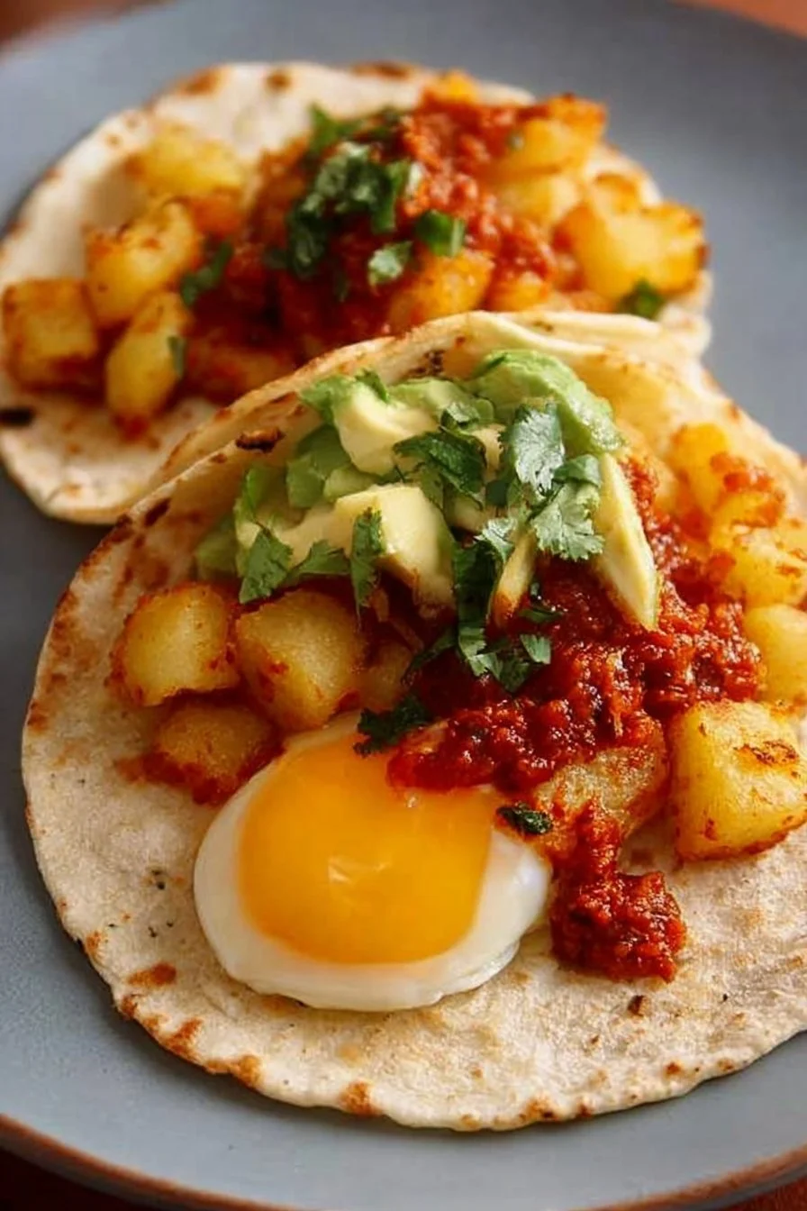 Potato and Egg Tacos 2 Tasty Potato and Egg Tacos served on a plate with fresh toppings