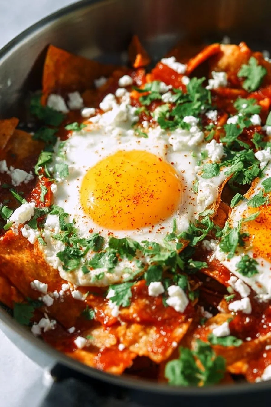 Plate of Red Chilaquiles topped with fresh ingredients and drizzled sauce