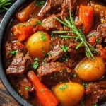 Delicious rich Dutch oven beef stew with vegetables and herbs