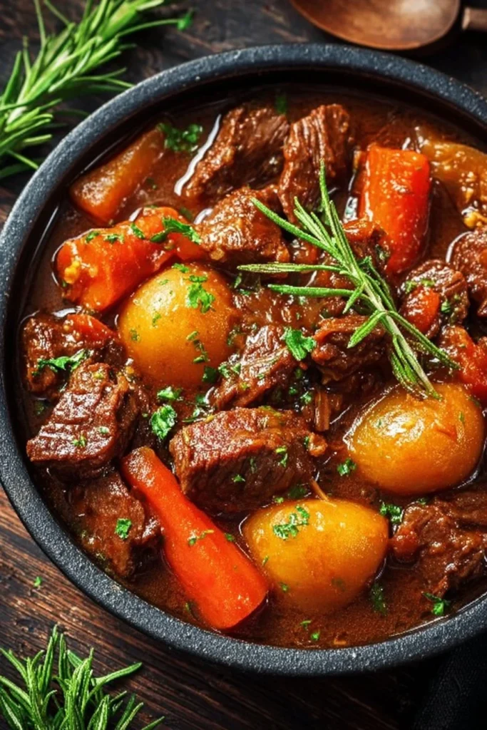Delicious rich Dutch oven beef stew with vegetables and herbs