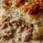 Sausage Gravy and Biscuit Pie plated with herbs on a wooden table