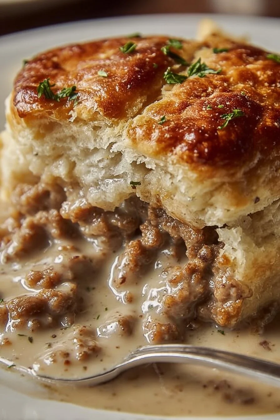 Sausage Gravy and Biscuit Pie plated with herbs on a wooden table