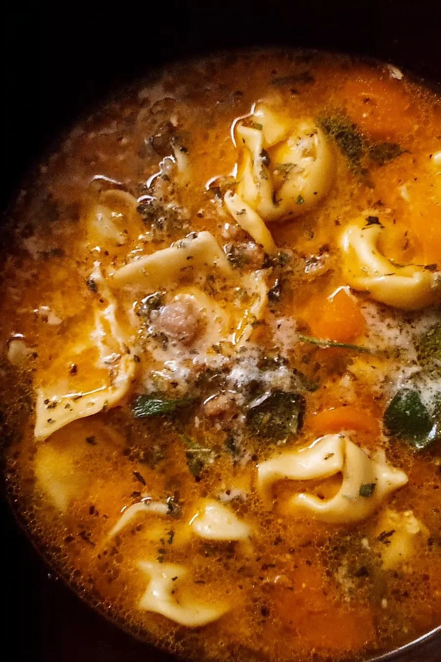 Sausage Tortellini Soup 2 A bowl of delicious and hearty Sausage Tortellini Soup garnished with herbs.