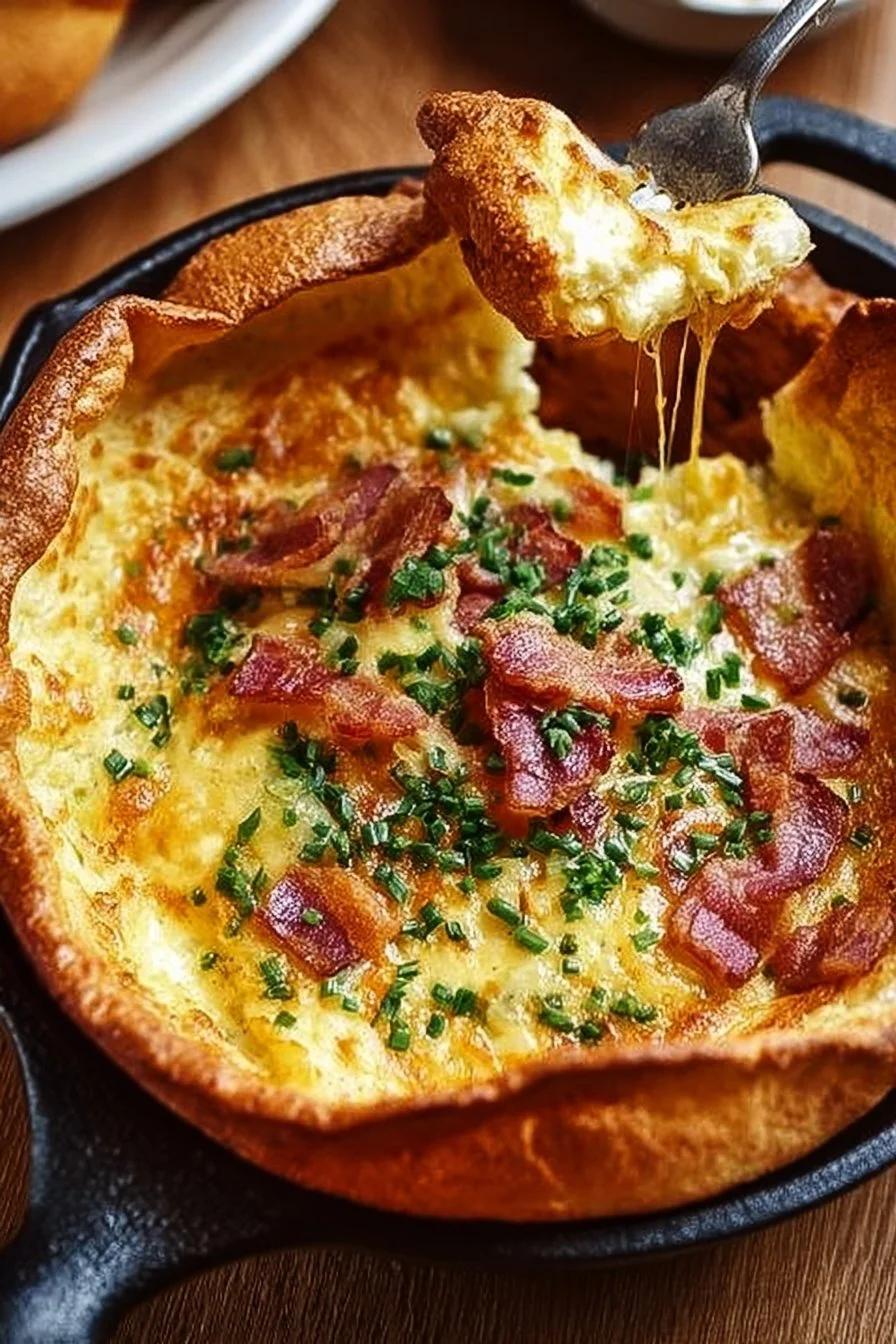 Savory Cheddar & Bacon Dutch Baby: Your New Breakfast Favorite 2 Savory Cheddar Bacon Dutch Baby served on a plate, garnished with herbs.