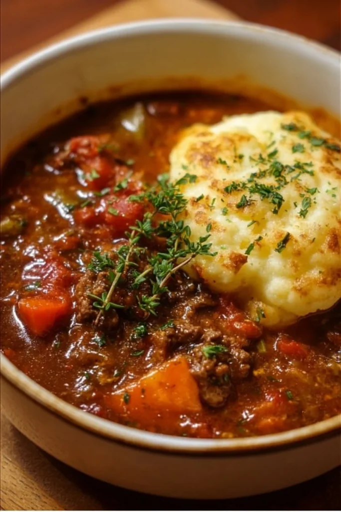 Bowl of Shepherd's Pie Hearty Soup garnished with herbs