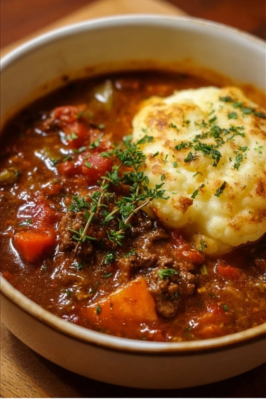 Bowl of Shepherd's Pie Hearty Soup garnished with herbs