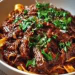 Delicious short rib ragu served over pasta with herbs and spices.