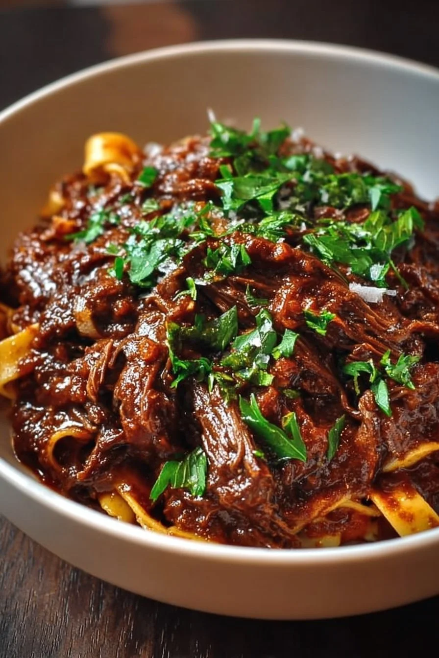 Delicious short rib ragu served over pasta with herbs and spices.