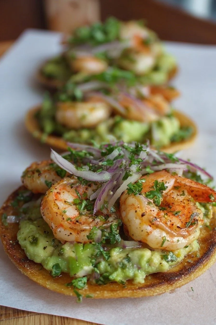 Shrimp Avocado Tostadas 2 Delicious shrimp avocado tostadas with fresh ingredients on a plate