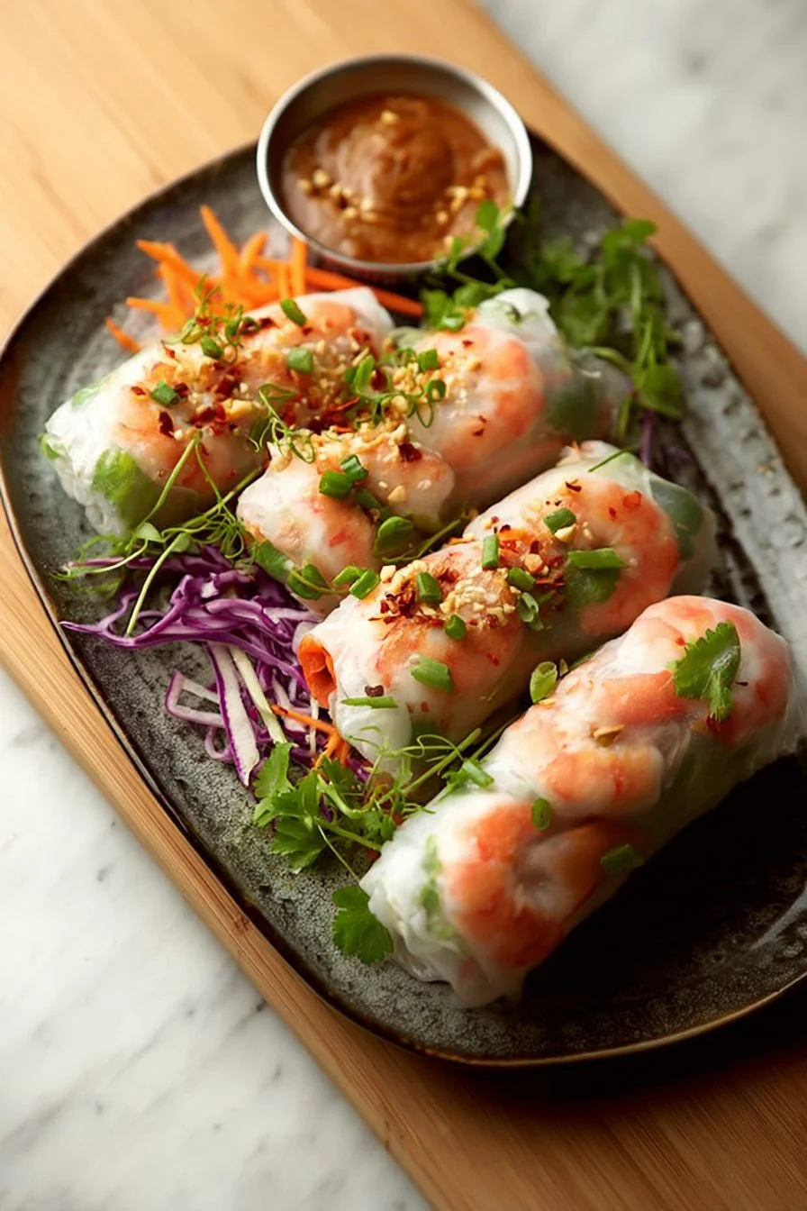 Shrimp Spring Rolls 2 A plate of fresh shrimp spring rolls with colorful vegetables and dipping sauce.