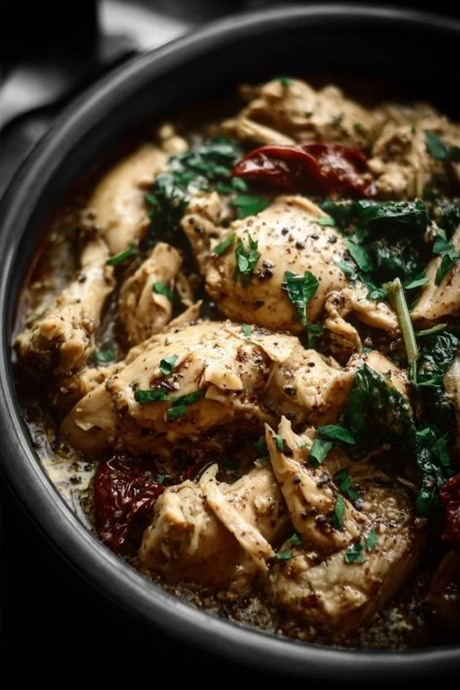 Slow-Cooked Tuscan Chicken 2 Delicious slow-cooked Tuscan chicken garnished with fresh herbs