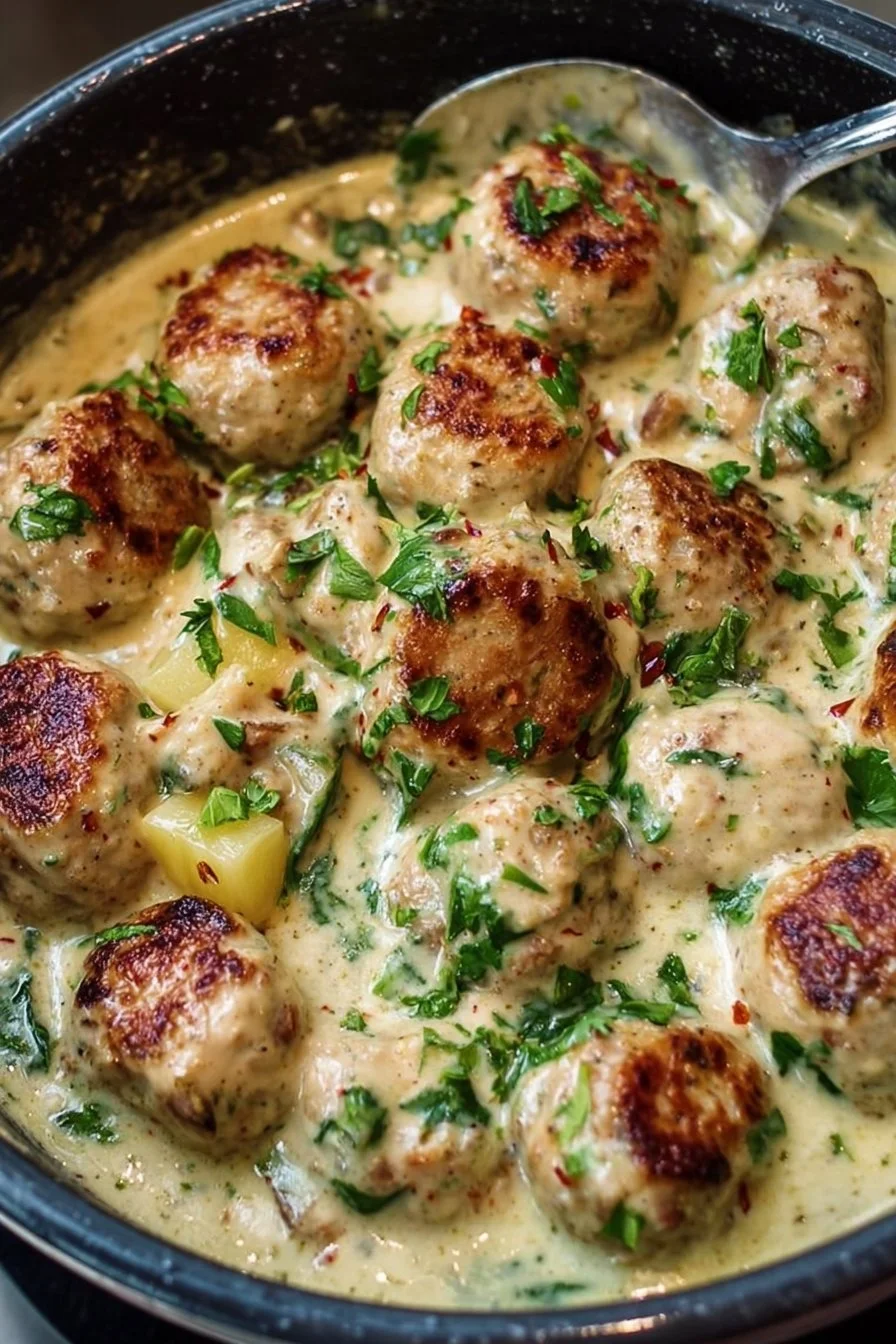 Slow Cooker Chicken Meatballs in Creamy Garlic Sauce 2 Slow cooker chicken meatballs served in creamy garlic sauce