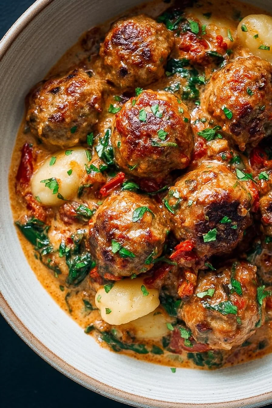 Slow cooker Tuscan chicken meatballs served with gnocchi in a rich sauce