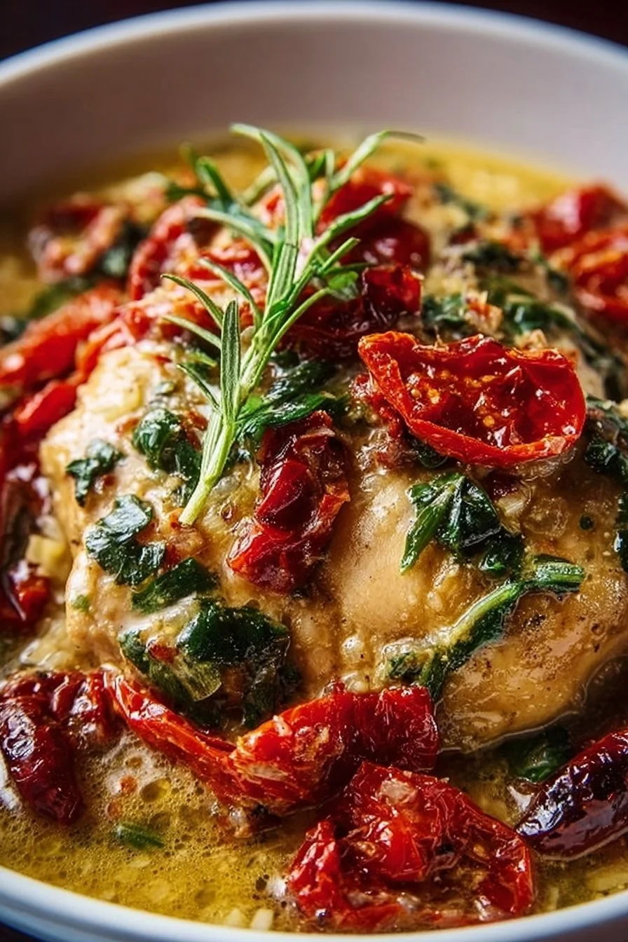 Dish of Slow-Cooker Tuscan Garlic Chicken with herbs and garlic sauce