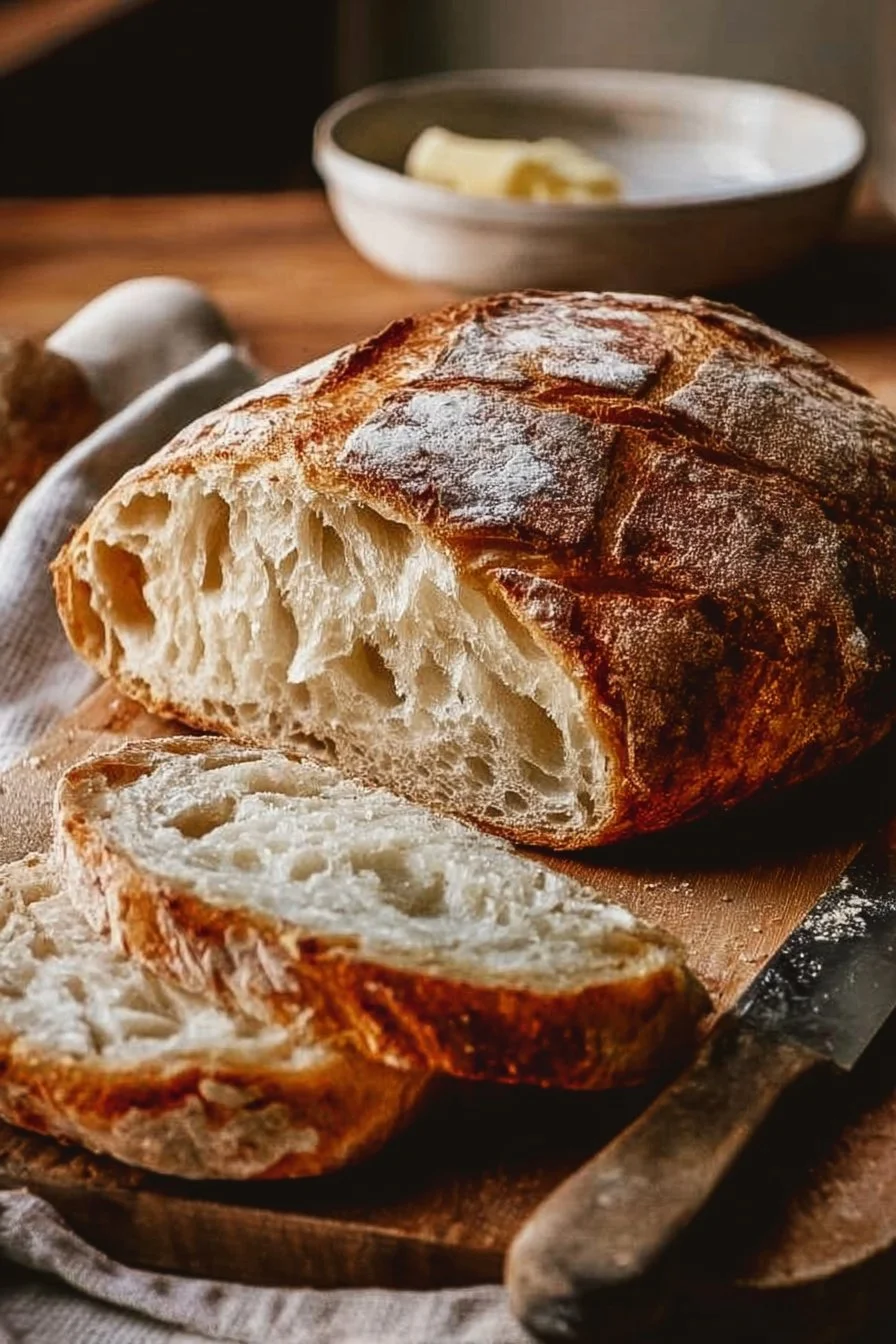 Freshly baked sourdough bread loaf on a wooden table