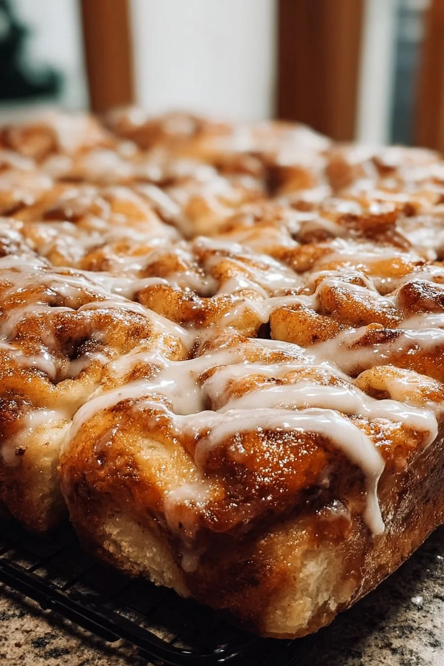 Sourdough Cinnamon Roll Focaccia topped with cinnamon sugar glaze and swirls.