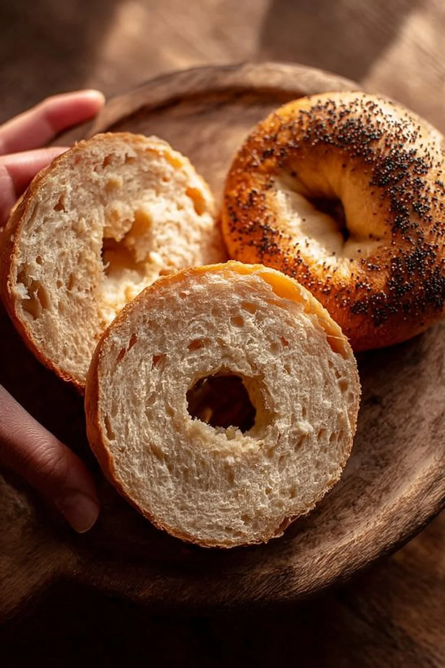 Freshly baked sourdough cottage cheese bagels topped with seeds