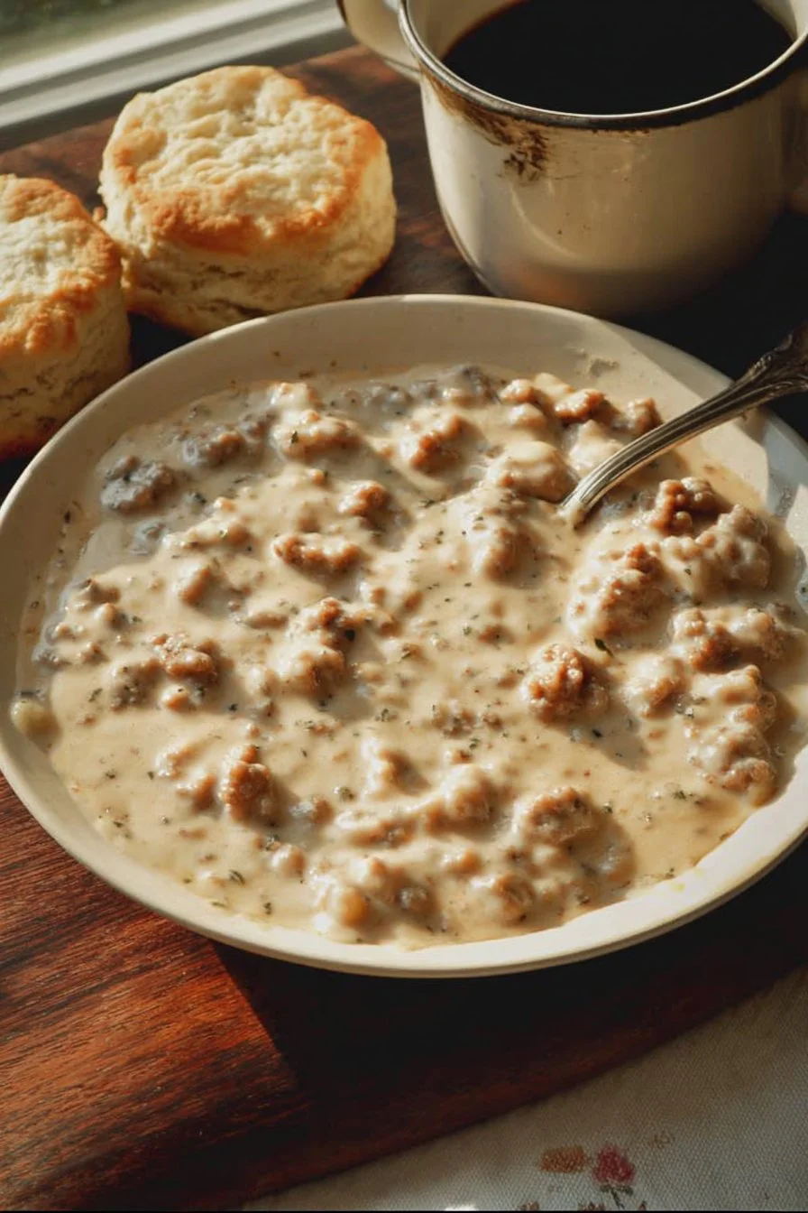Southern sausage gravy served over fluffy biscuits in a comforting breakfast dish