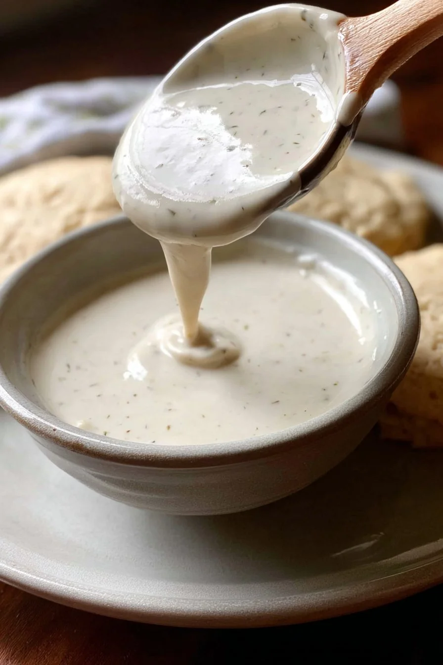 A bowl of Southern-style white gravy served over biscuits.