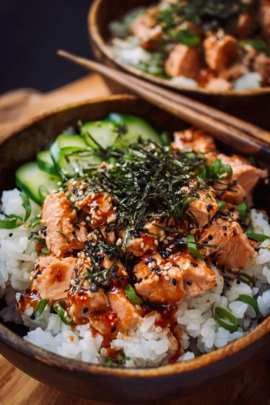 Spicy canned salmon rice bowl garnished with vegetables and spices