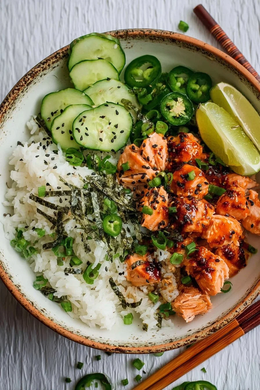 Spicy Salmon Bowl with Coconut Rice 2 Spicy salmon bowl served with coconut rice and fresh vegetables