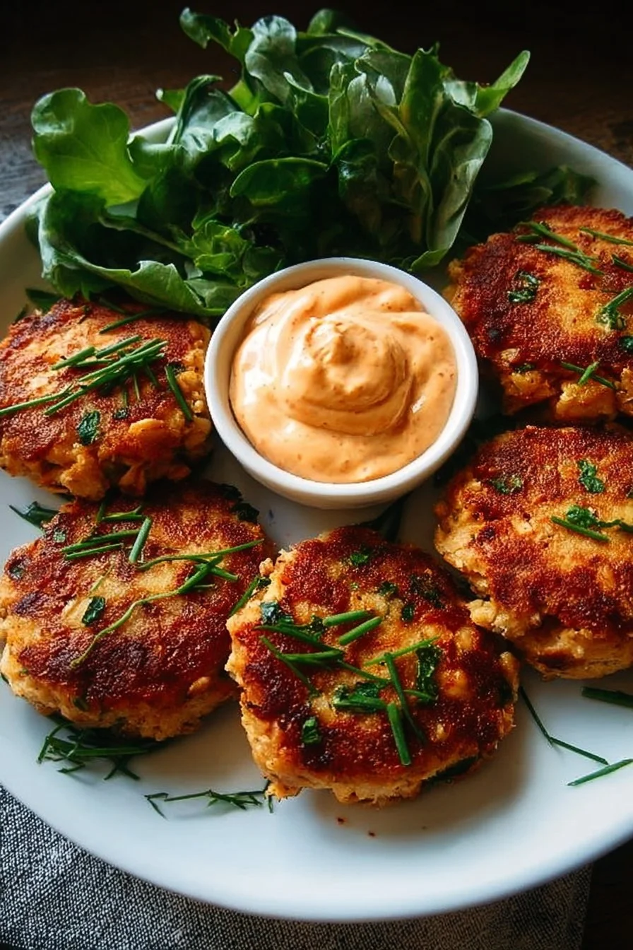 Spicy salmon cakes served with Sriracha aioli on a plate