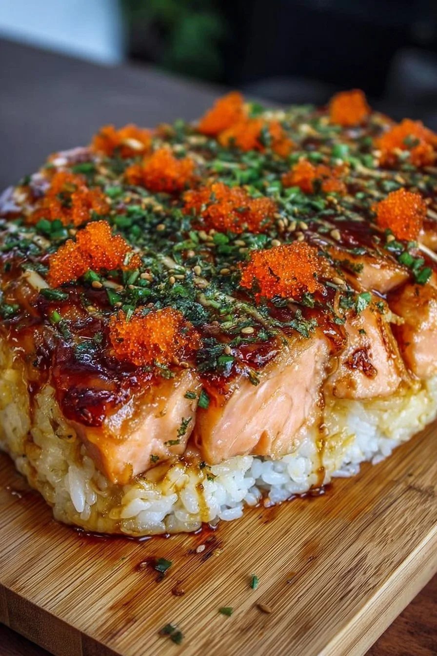 Delicious Spicy Salmon Sushi Bake ready to serve