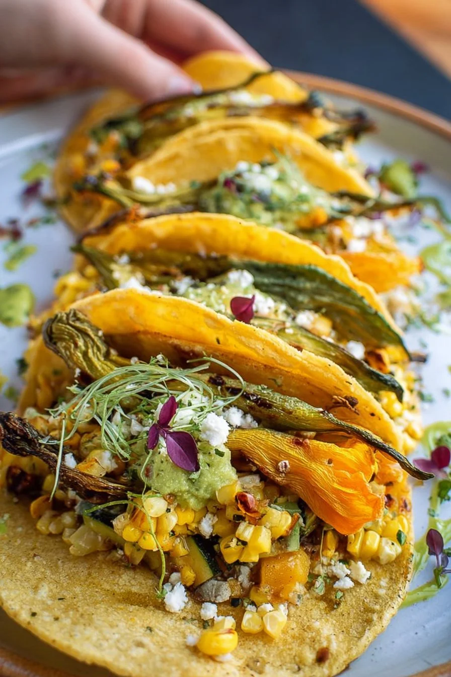 Colorful tacos stuffed with squash, corn, and roasted poblano peppers, garnished with squash blossoms.