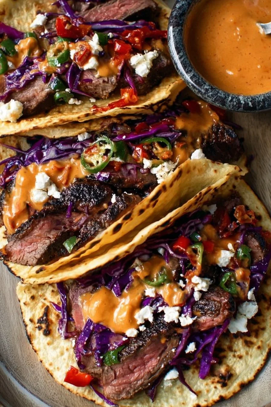 Steak Tacos with Chipotle Sauce & Roasted Cabbage Slaw 2 Steak tacos topped with chipotle sauce and roasted cabbage slaw on a plate