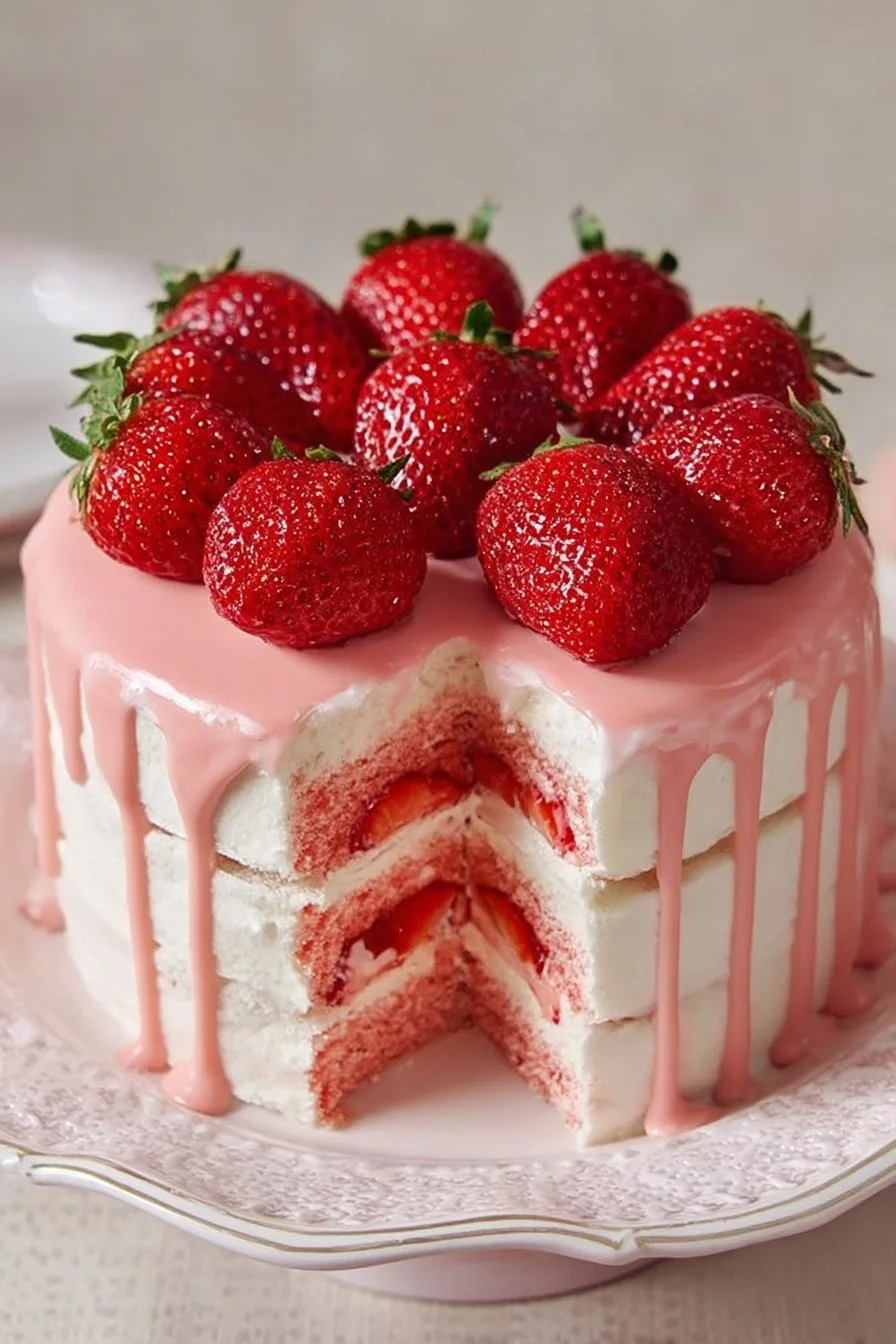 Delicious strawberry cake topped with fresh strawberries and cream.