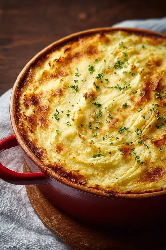 Delicious Dutch Oven Shepherd's Pie served with fresh herbs on top.