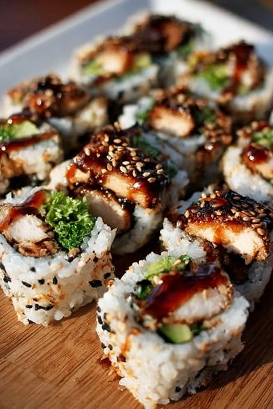 Teriyaki chicken sushi rolls served with dipping sauce