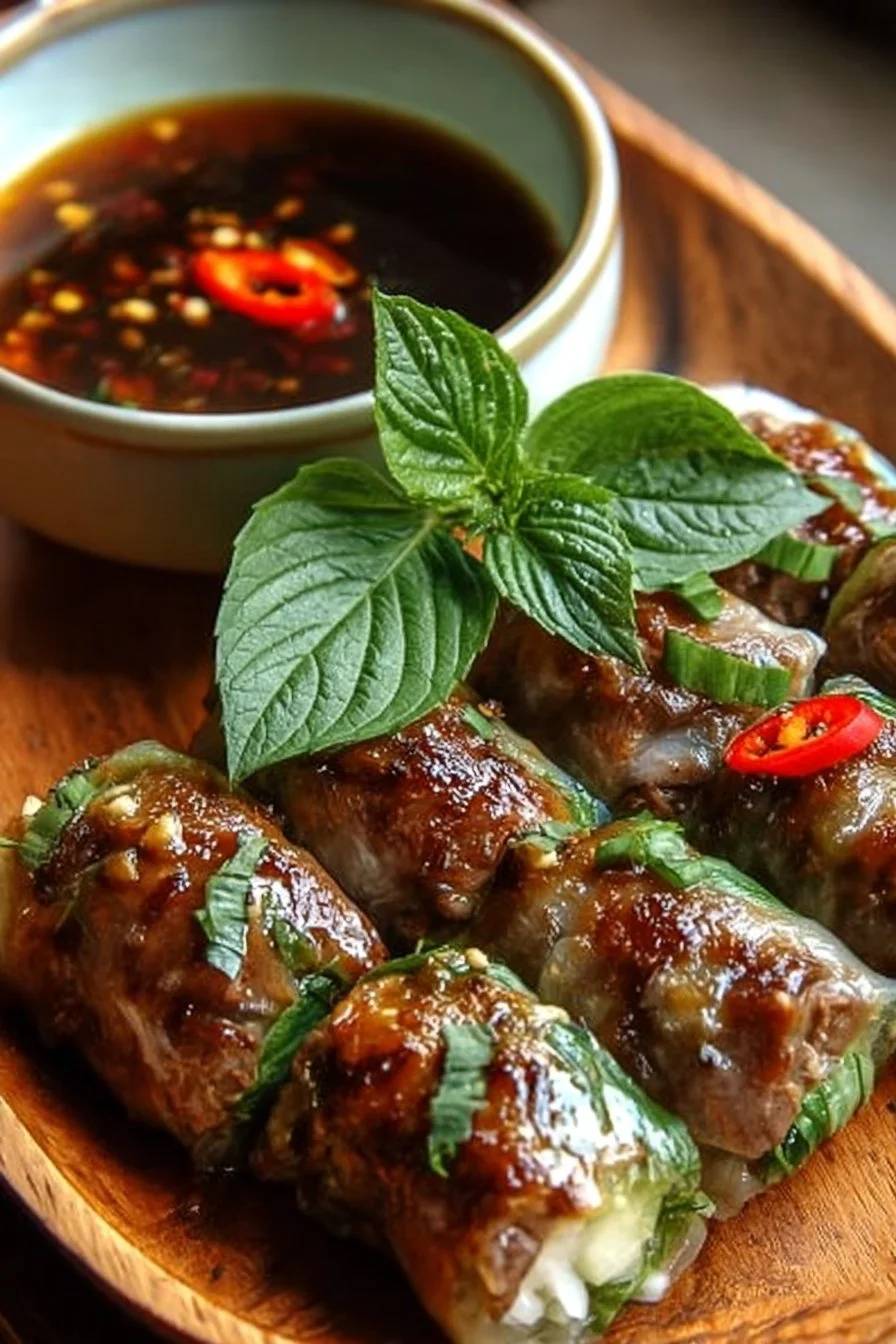 Delicious Thai Basil Beef Rolls served on a plate with fresh herbs