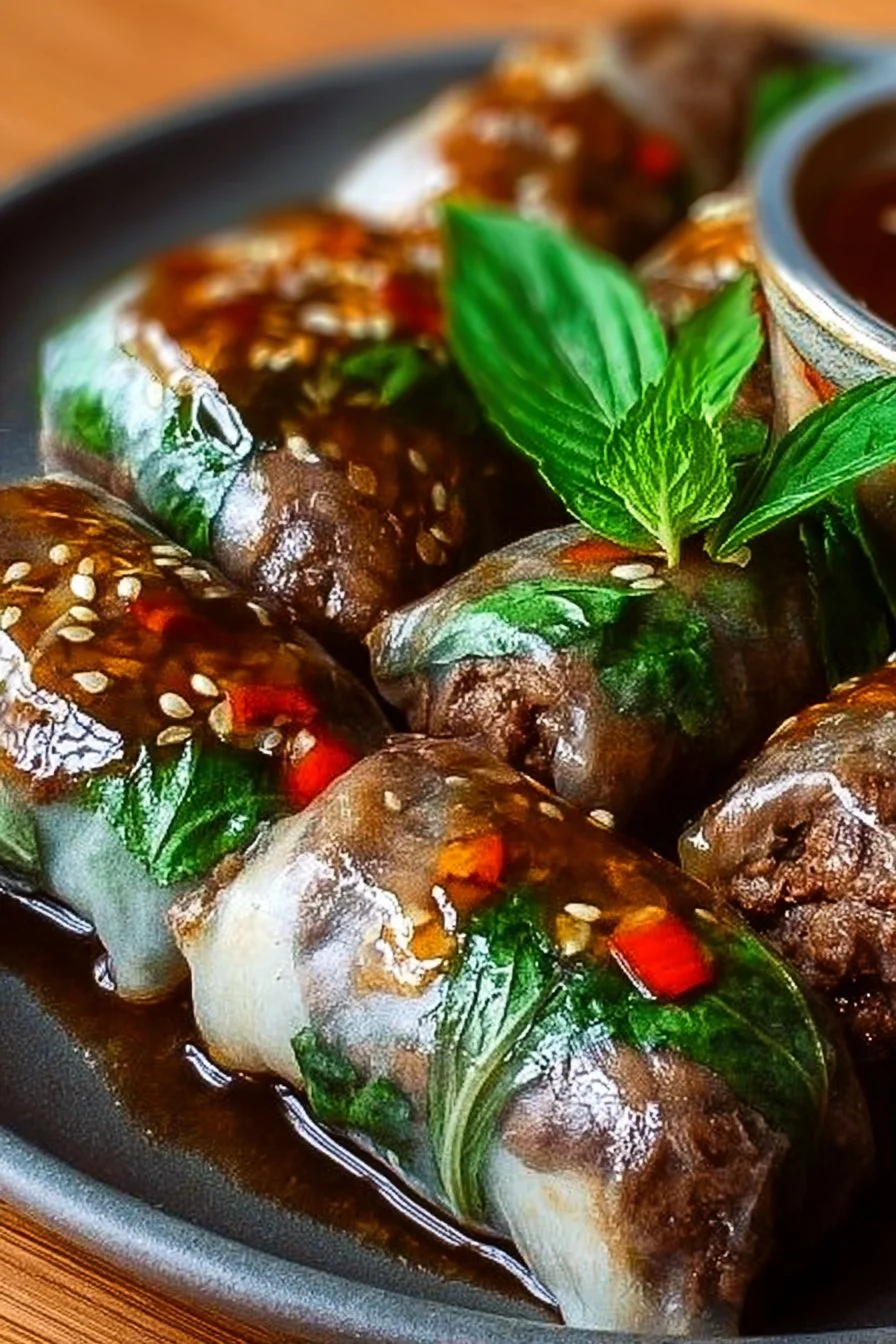 Thai Basil Beef Rolls 2 Plate of Thai Basil Beef Rolls garnished with fresh herbs.