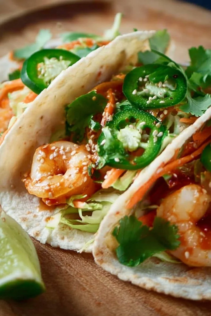 Delicious Thai-inspired shrimp tacos garnished with fresh herbs and spices