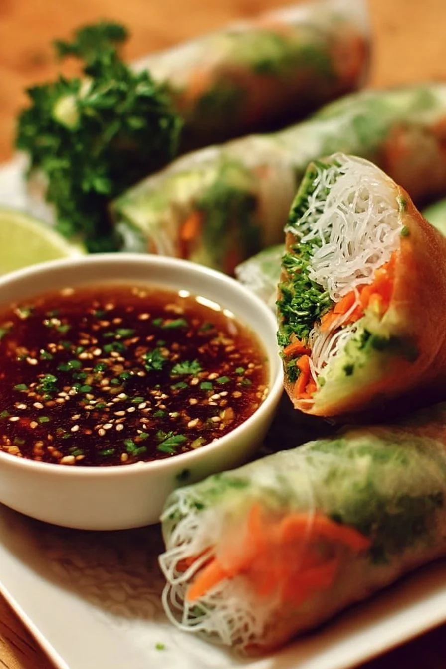 Thai Spring Rolls 2 Delicious Thai spring rolls served with dipping sauce and fresh vegetables