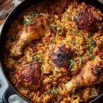 Delicious Dutch oven chicken and rice dish served with vegetables