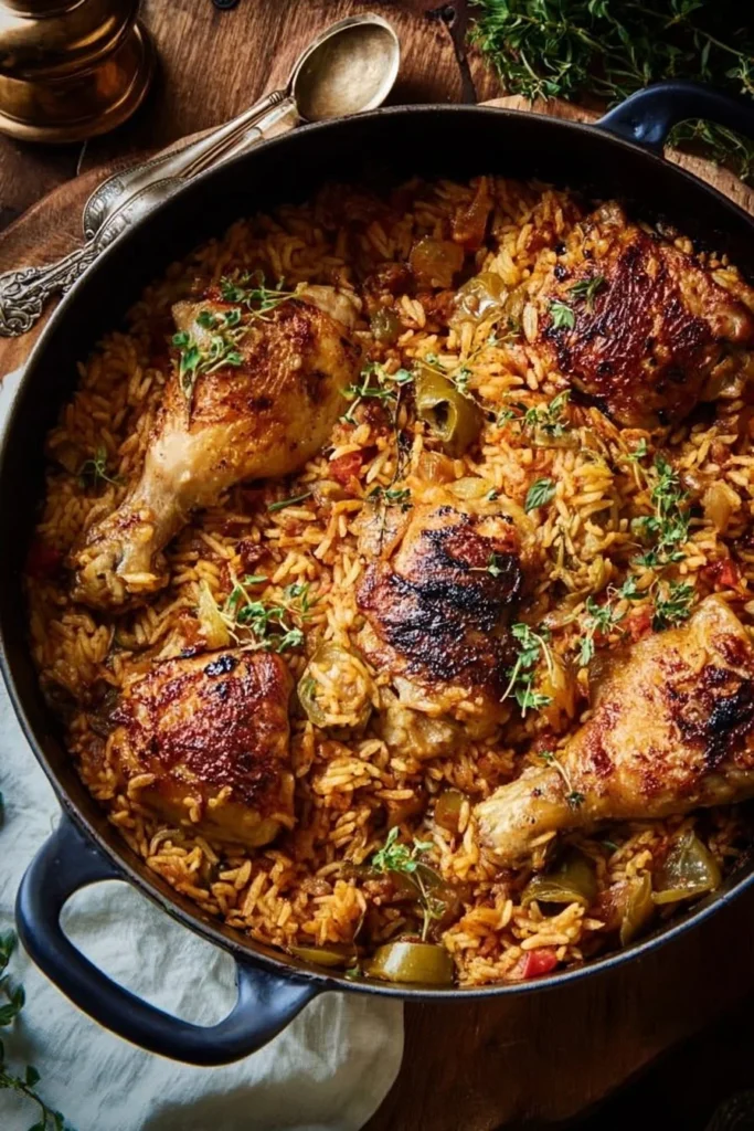 Delicious Dutch oven chicken and rice dish served with vegetables