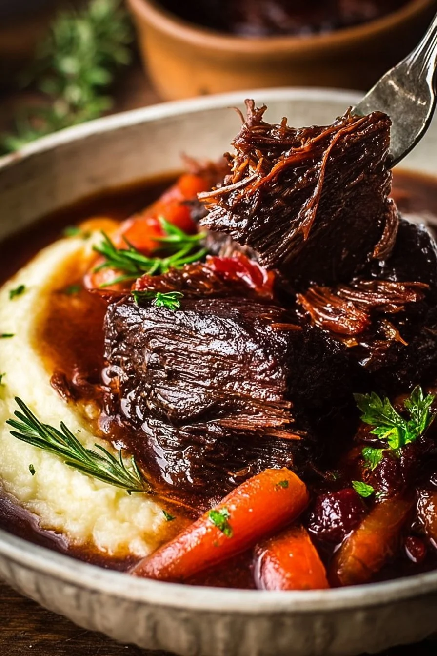 The Best Red Wine Braised Beef 2 Delicious red wine braised beef served with greens and carrots