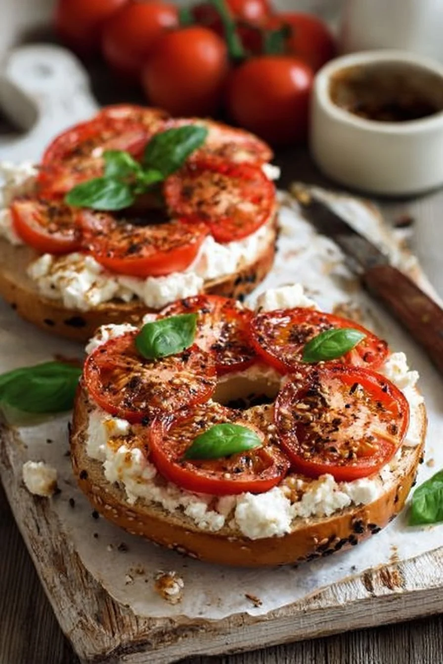 Tomato and Cottage Cheese Open Bagels 2 Tomato Cottage Cheese Bagels topped with fresh tomatoes and creamy cottage cheese